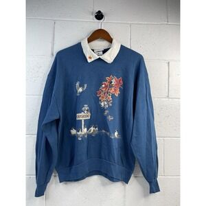 VTG Morning Sun Sweatshirt Women's Size L ‎ Navy USA Double-Sided Birds Leaves